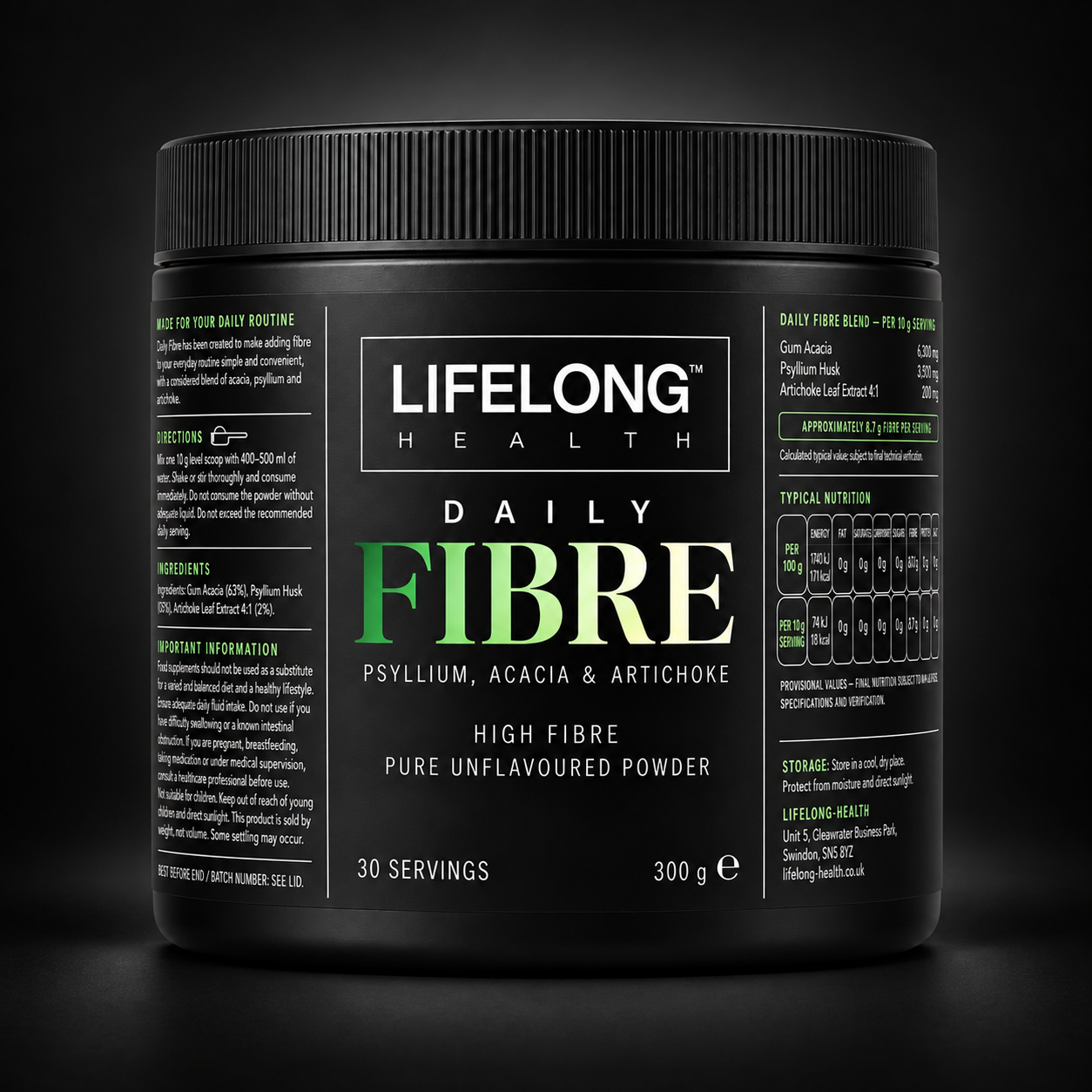 Lifelong Health Daily Fibre tub on a black background