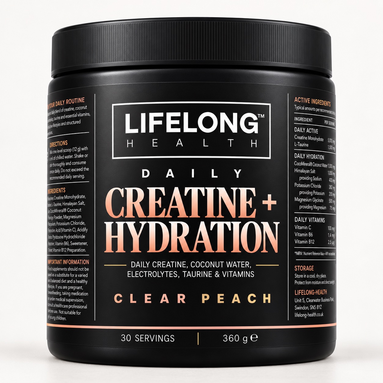 Lifelong Health Daily Creatine + Hydration Clear Peach tub
